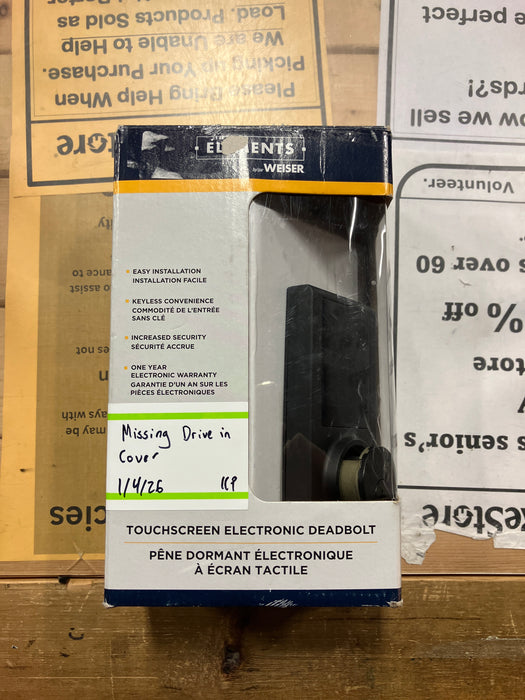 Weiser Elements Matte Black Keyless Entry Door Lock/Electronic Deadbolt (Missing Drive in Collar or Second Key)