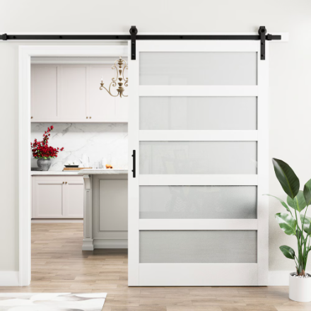 Ark Design 48 in. x 84 in. 5-Lite Tempered Frosted Glass White Primed MDF Easy Assembly Sliding Barn Door with Hardware Kit (New)
