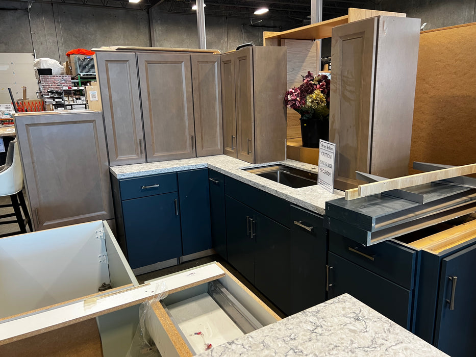 Navy and Faux Wood Kitchen Cabinet set with Silestone Countertop and Blanco Sink (showroom)