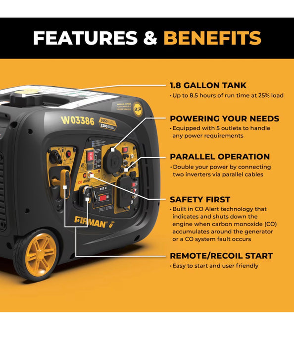 FIRMAN 3650/3300 Watt Remote Start Inverter Portable Generator CARB and cETL Certified