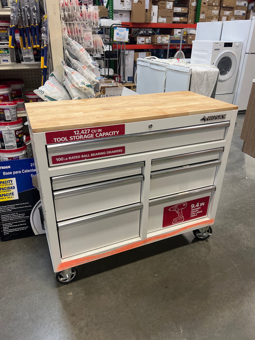 Husky Standard-Duty 41-inch W 7-Drawer Mobile Workbench with Solid Wood Top in Gloss White (used, as is)