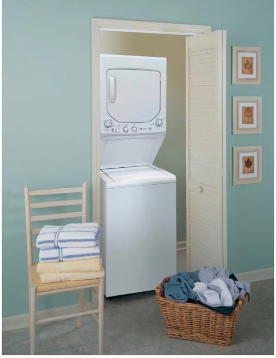 GE 27-Inch 4.4 cu. ft. (IEC) Spacemaker Unitized Apartment Size Stacked Washer and 5.9 cu. ft. Dryer Laundry Centre in White (Used)