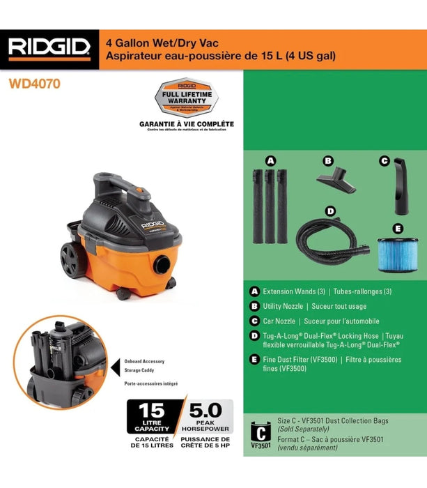 RIDGID 15L (4 Gal.) 5.0 Peak HP Portable Wet Dry Shop Vacuum (new)