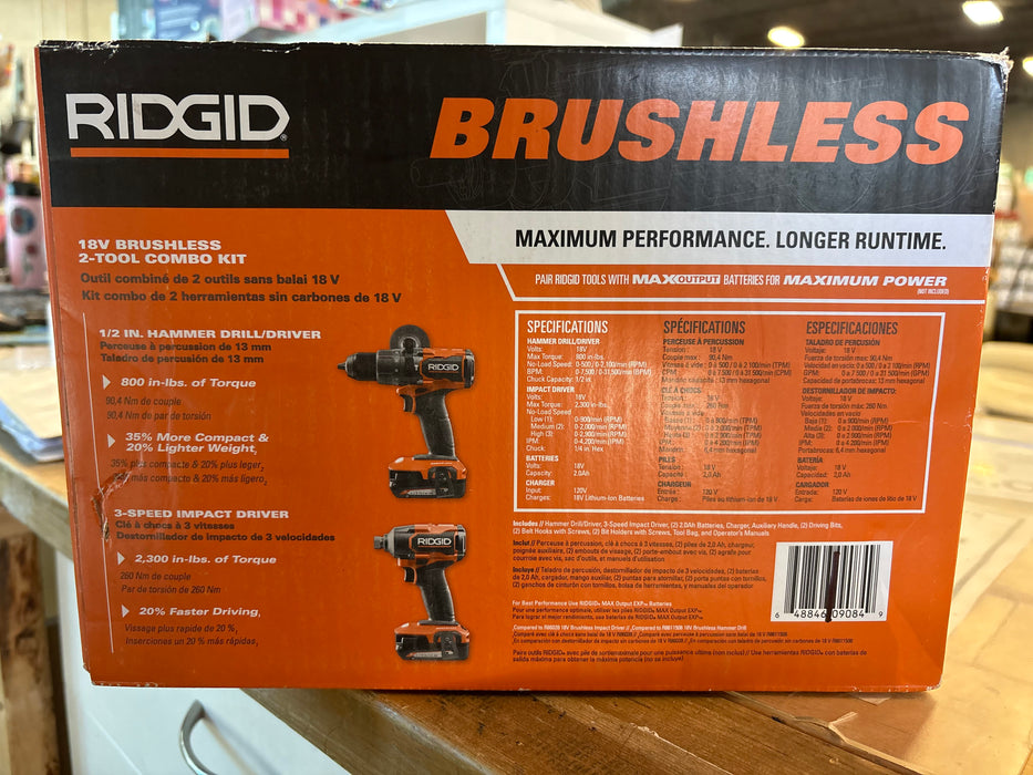 RIDGID 18V Brushless Drill/Driver and 3-Speed Impact Driver Kit with (2) 2.0 Ah Batteries & Charger (new)