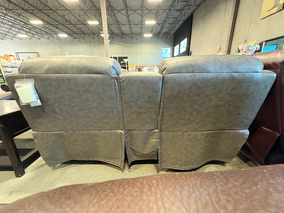 Two Seater Grey Leather Reclining Couch with Cupholders (new)