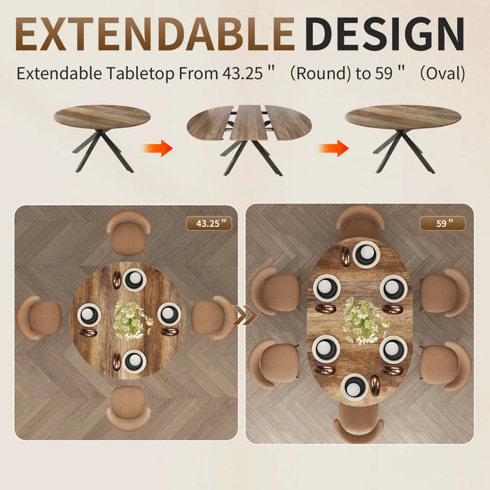 59-Inch Extendable Round Dining Table For Dining Room, 4-6 People Large Expendable Kitchen Dinner Tables - Table Top Colour Brown - ZY0016