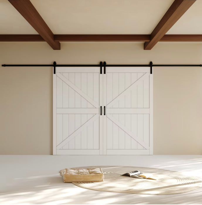 Ark Design 96 in. x 84 in. Paneled off White Primed MDF British K Shape MDF Sliding Barn Door with Hardware Kit