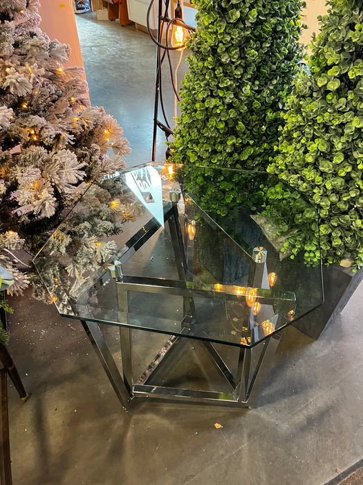 Octagon Glass Top End Table - Silver with Metal Base (Used)