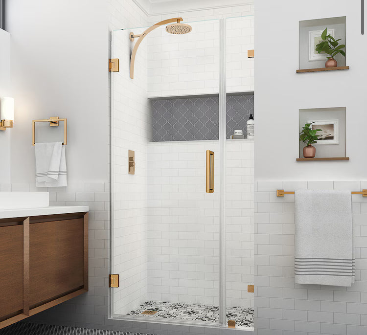 Aston Nautis XL 28.25 - 29.25 inch W x 80 inch H Hinged Frameless Shower Door, Brushed Gold, Clear Glass (New)