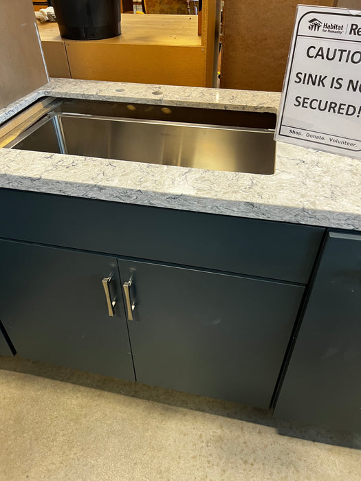 Navy and Faux Wood Kitchen Cabinet set with Silestone Countertop and Blanco Sink (showroom)