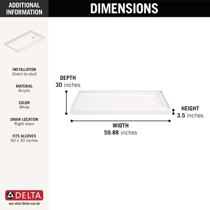 Delta Classic 500 60 in. L x 30 in. W Alcove Shower Pan Base with Right Drain in High Gloss White (Used)