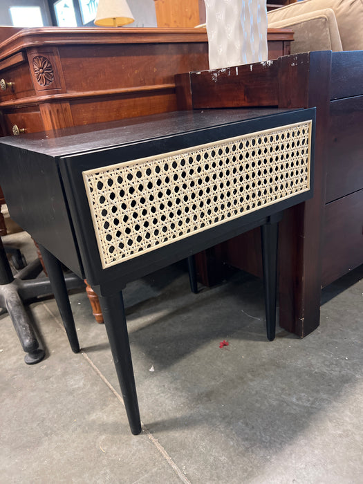 Modern Black Wood Nightstand with Woven Drawer (new)