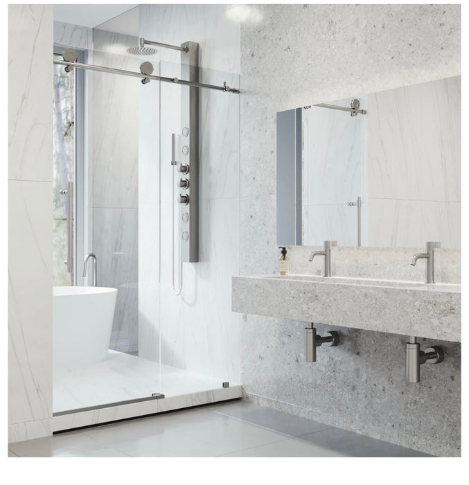 VIGO Elan Hart 56 to 60 in. W x 76 in. H Frameless Sliding Shower Door in Stainless Steel with Clear Glass and Handle (new)