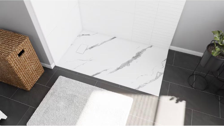 MAAX Stonea 60L x 36W Solid Surface Universal Shower Base in White Marble with Concealed End Drain (new)