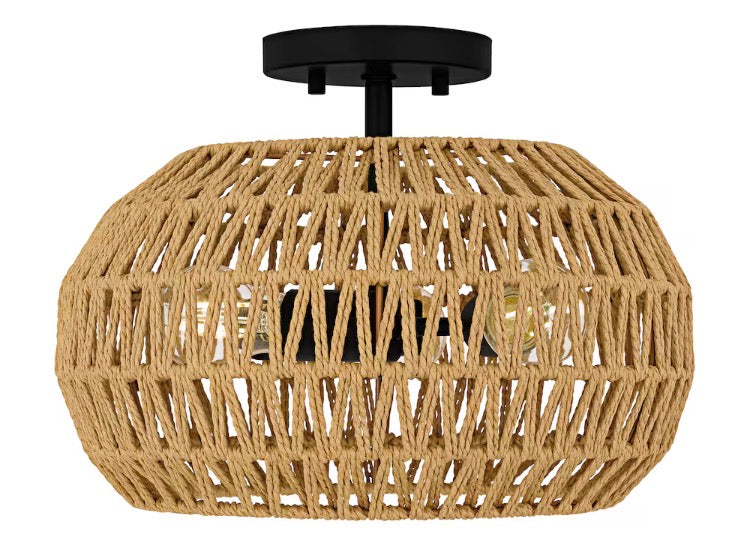 3-Light Matte Black Semi-Flush Mount Light with Natural Finish Shade