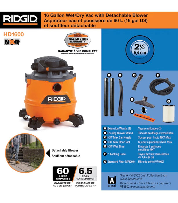RIDGID 60L (16 Gal.) 6.5 Peak HP NXT Wet Dry Vac with Detachable Leaf Blower, Hose (missing filter) (new)