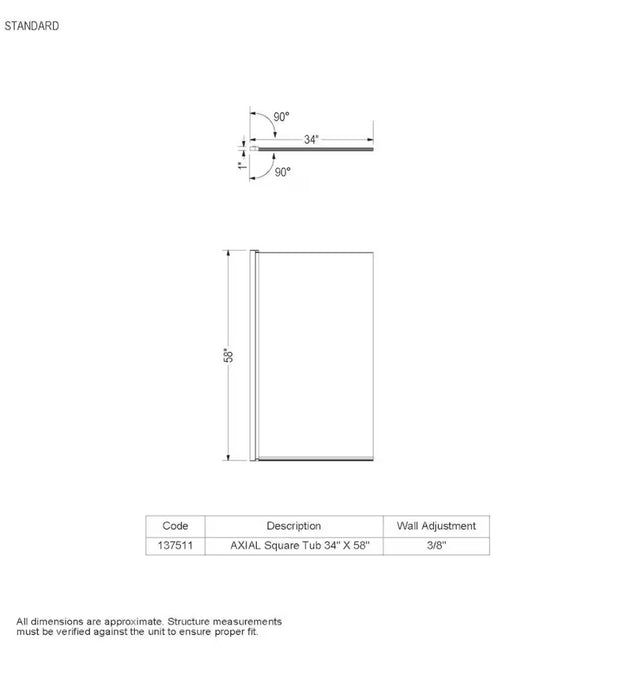 MAAX Axial Square 34W x 58H-inch Frameless Fixed Tub Shield in Brushed Nickel with Clear Glass (new)