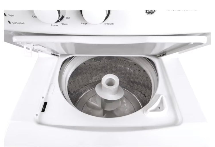 GE 27-Inch 4.4 cu. ft. (IEC) Spacemaker Unitized Apartment Size Stacked Washer and 5.9 cu. ft. Dryer Laundry Centre in White (Used)