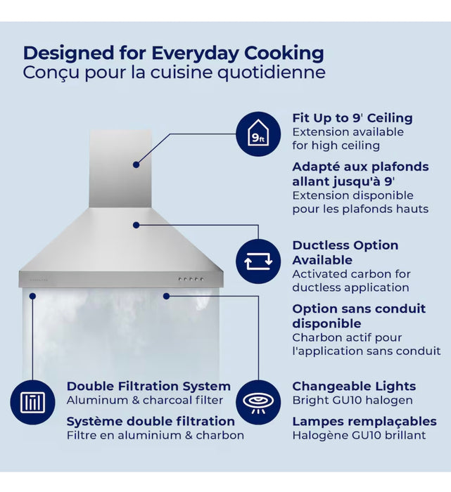 Hauslane 30-Inch Wall Mounted Range Hood in Stainless Steel (new)
