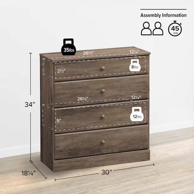 Prepack- 4 Drawer Dresser, Drifted Grey (new)