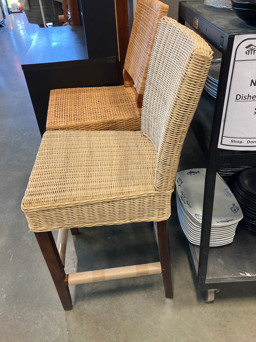 Racquel Rattan and Wood Counter Stool, Featuring a Natural Woven Seat and a Mahogany Frame (New)