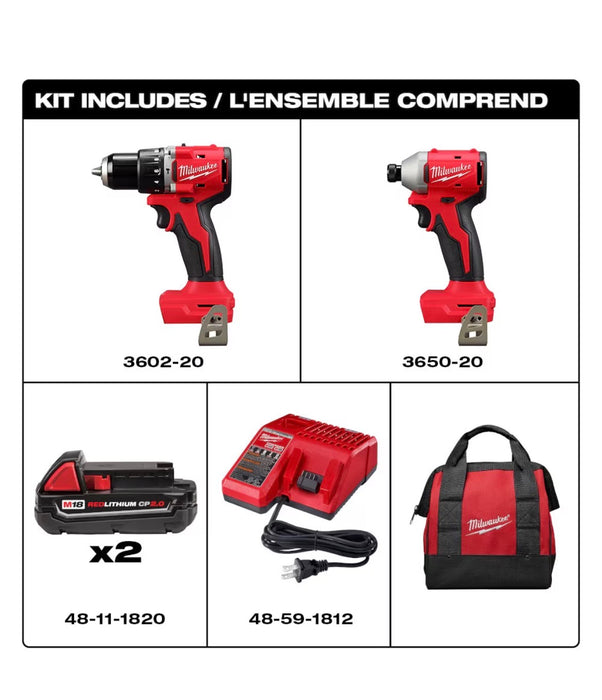Milwaukee Tool M18 18V Li-Ion Brushless Cordless Compact Hammer Drill/Impact Combo Kit (2-Tool) w/(2) 2.0 Batteries  (light use)
