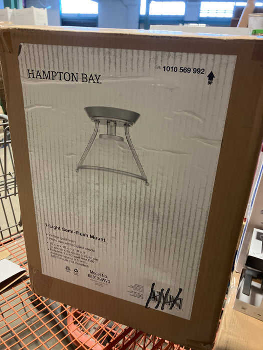 Greylock 10-inch. 1-Light Vintage Gold Cone Semi-Flush Ceiling Light with White Opal Glass Shade (New)