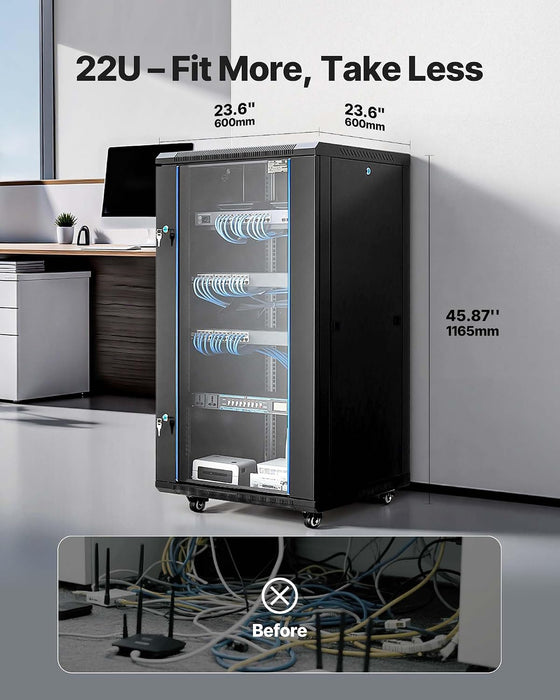 VEVOR 22U Network Cabinet Wall Mount 23.6 in. Depth Locking Glass Door, Side Panels for IT AV Gear (new)