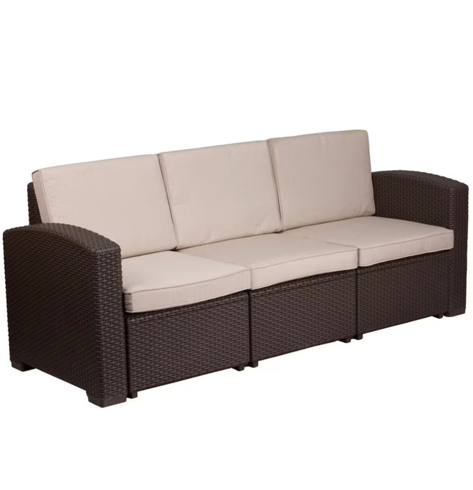Flash Furniture Chocolate Brown Faux Rattan Sofa with All-Weather Beige Cushions (new)