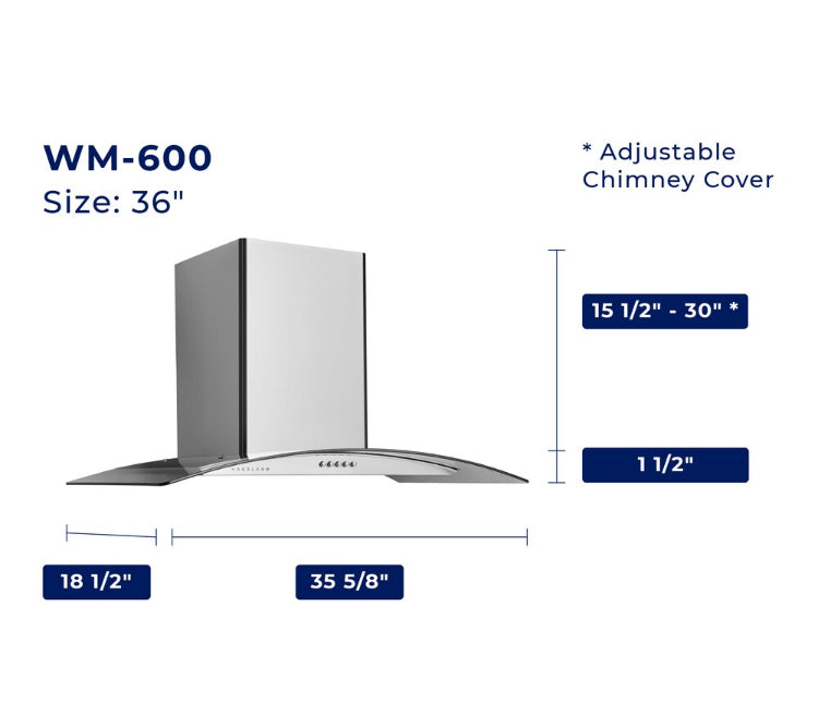 Hauslane Hauslane 36-Inch Glass Canopy Convertible Wall Mount Range Hood with Baffle Filter and LED (New)
