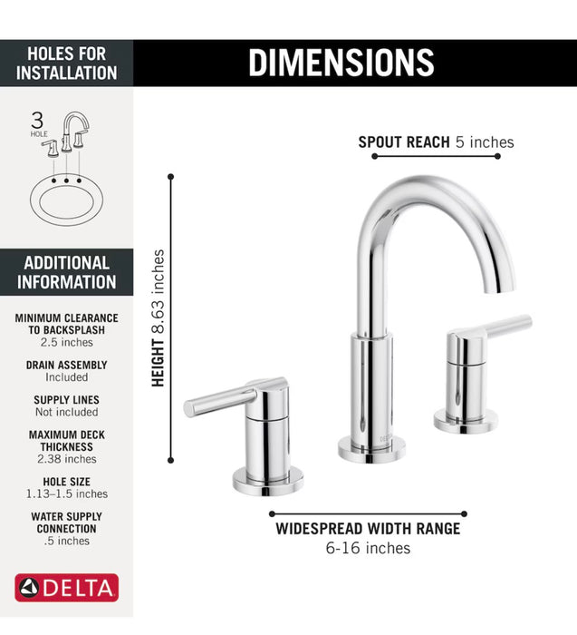 Delta Nicoli J-Spout 8 in. Widespread Two-Handle Bathroom Faucet in Chrome (new)