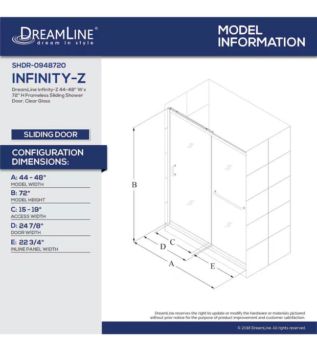 DreamLine Infinity-Z 44 to 48 in. W x 72 in. H Semi-Frameless Sliding Shower Door in Chrome with Clear Tempered Glass  (new)