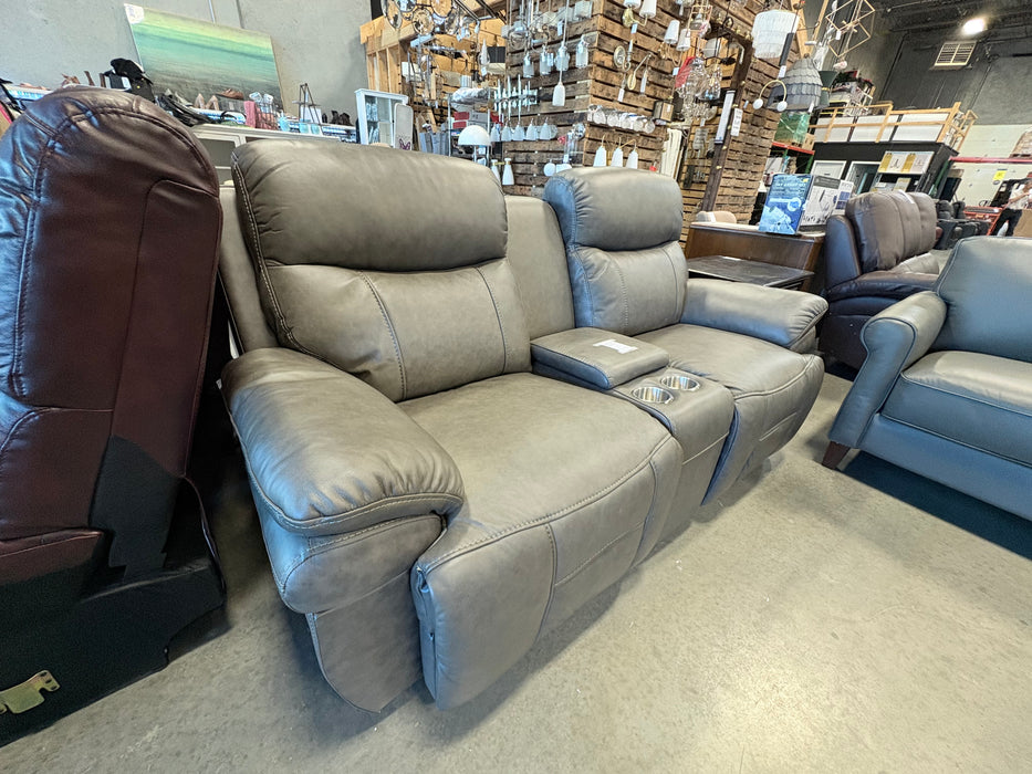 Two Seater Grey Leather Reclining Couch with Cupholders (new)