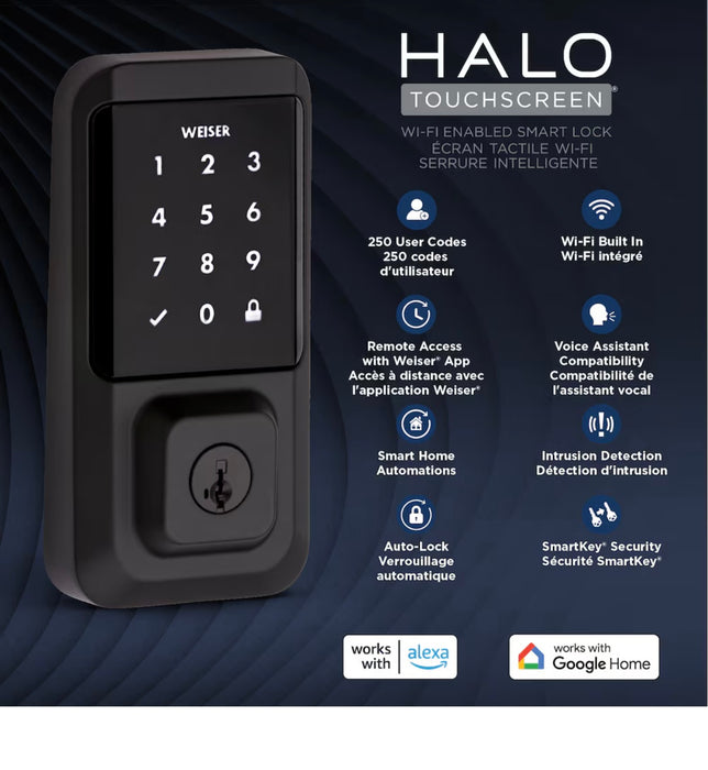 Weiser Halo Touchscreen Wi-Fi Smart Lock Keyless Entry Deadbolt, Alexa and Google Compatible, Matte Black (New)