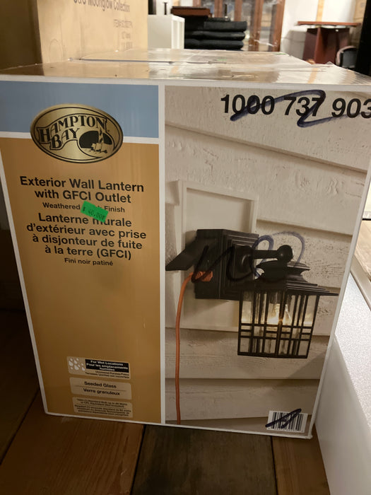 Black and Bronze Outdoor Wall Lantern with Built-In Electrical Outlet (New)