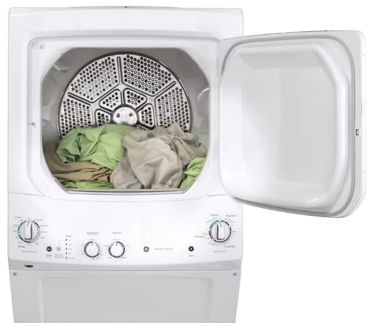 GE 27-Inch 4.4 cu. ft. (IEC) Spacemaker Unitized Apartment Size Stacked Washer and 5.9 cu. ft. Dryer Laundry Centre in White (Used)