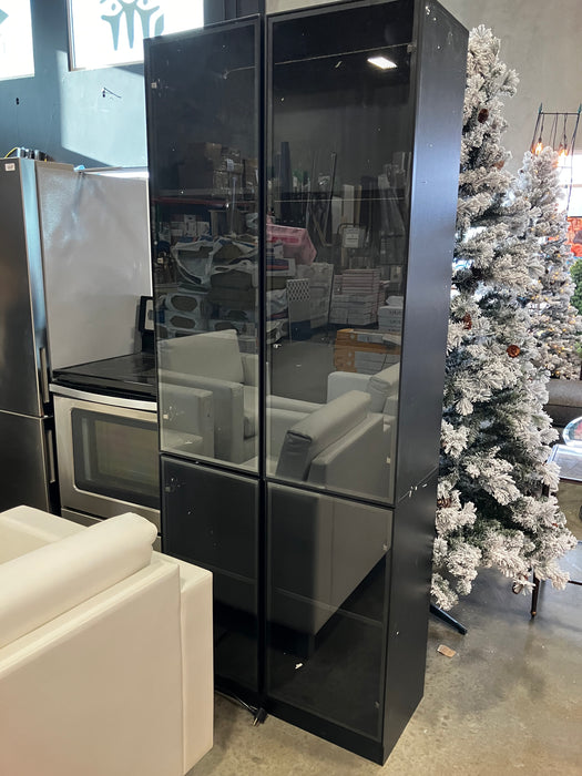 Black Wood Pantry Cabinet with Pop-Up Tempered Glass Doors & 3-Color LED Lighting (Used)