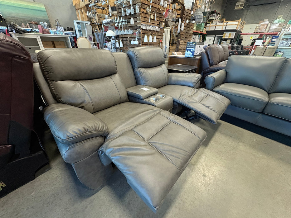 Two Seater Grey Leather Reclining Couch with Cupholders (new)