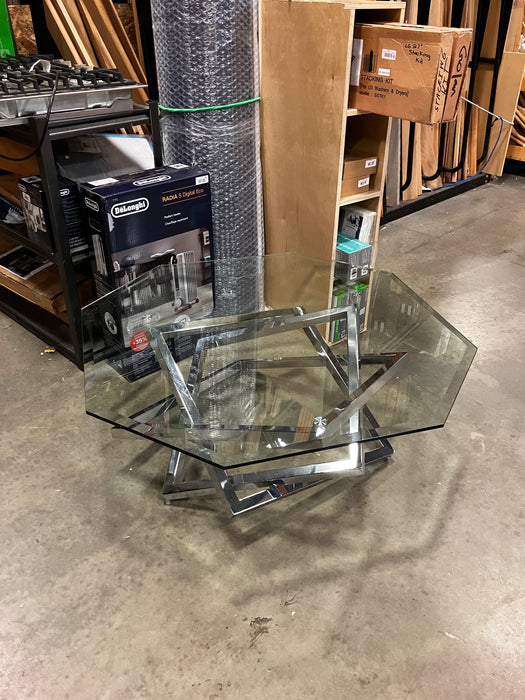 Octagon Glass Top Coffee Table - Silver with Metal Base (Used)