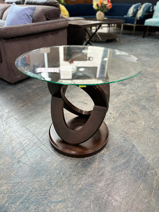 Glass End Table with Wood Base