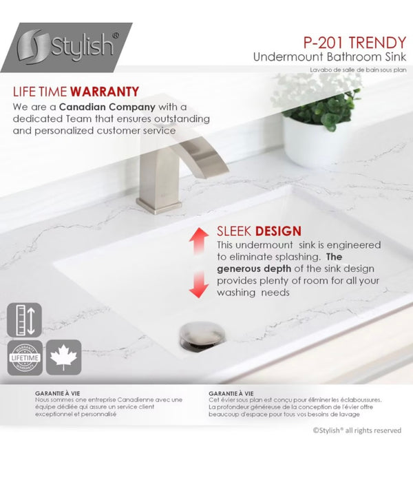 Stylish Trendy 18.25-inch Undermount Rectangular Bathroom Sink in White (new)