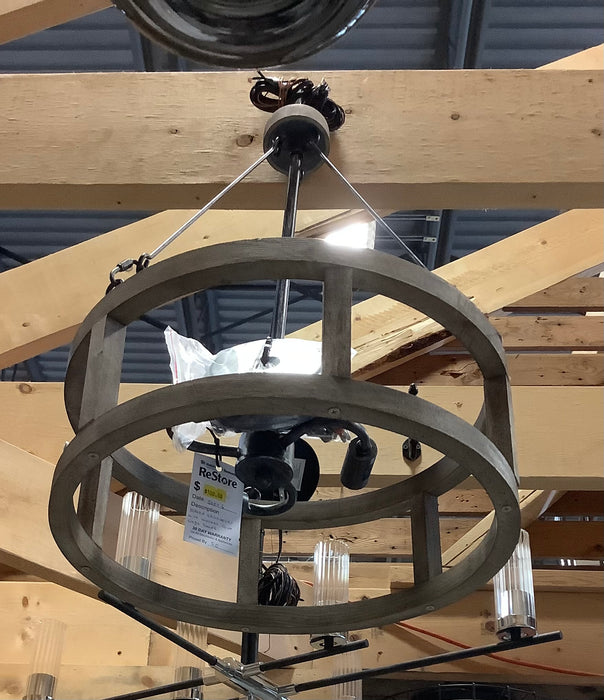 LNC Farmhouse 3-Light Black Brushed Silver Island Chandelier with Wooden Drum Cage Shade (New)