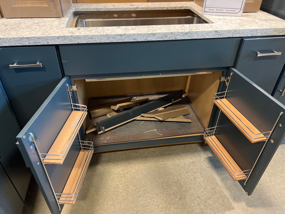 Navy and Faux Wood Kitchen Cabinet set with Silestone Countertop and Blanco Sink (showroom)