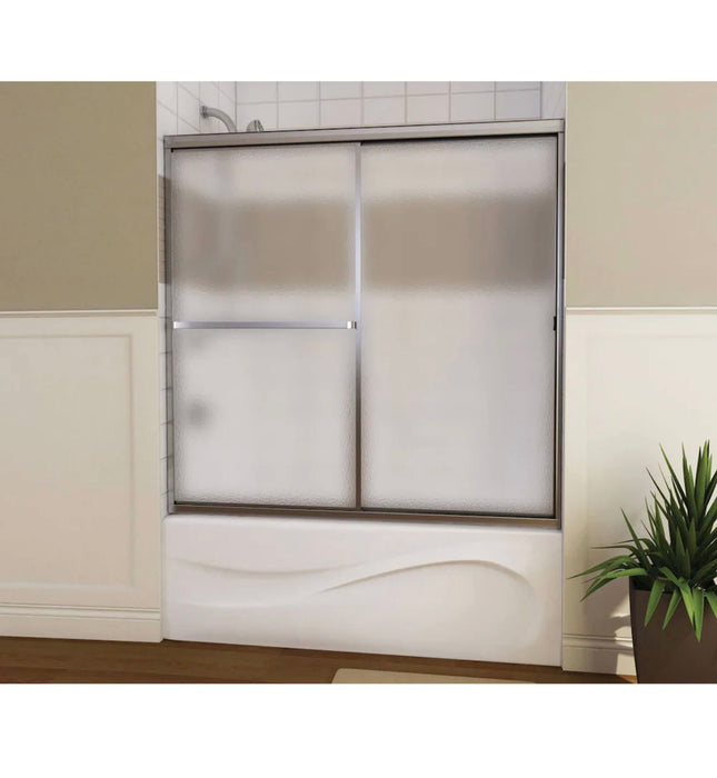 MAAX Mika 54 - 59.5W (Adjustable Width) x 55H Framed ByPass Sliding Bathtub Door in Chrome with Hammered Glass (new)