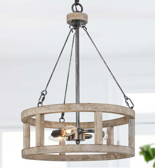 LNC Farmhouse 3-Light Black Brushed Silver Island Chandelier with Wooden Drum Cage Shade (New)