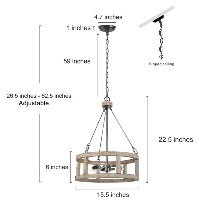 LNC Farmhouse 3-Light Black Brushed Silver Island Chandelier with Wooden Drum Cage Shade (New)