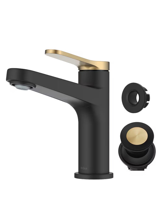 Kraus Indy Single Handle Bathroom Faucet in Brushed Brass / Matte Black with Pop Up Drain and Supply Lines (new)