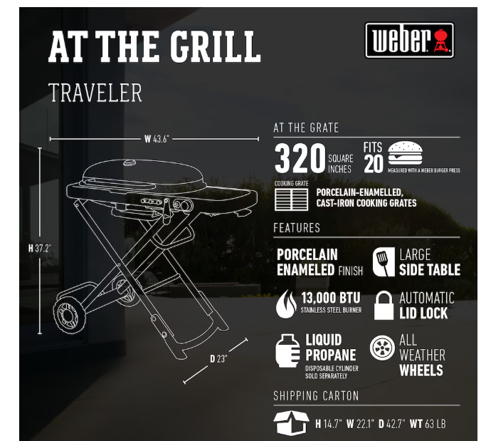 Weber Traveler 1-Burner Portable Gas BBQ, Black