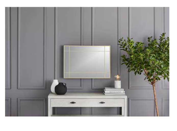 GlucksteinElements Burke 21-inch W x 30-inch H Window Panel Shape Metal Brushed Brass Framed Wall-Mounted Mirror