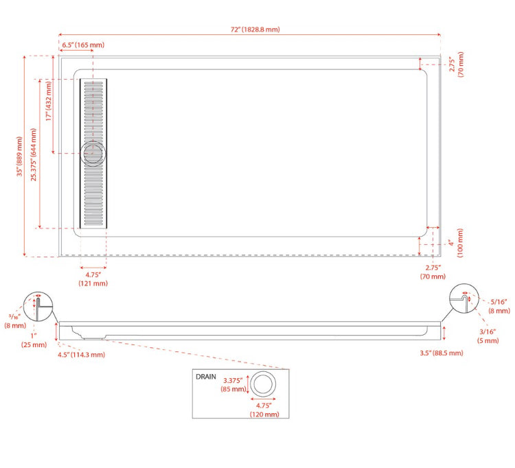 Turin Horizon Standard Fit Rectangular 72 x 35 x 3.5 -inch White Acrylic Shower Base Left Drain in White  (New)